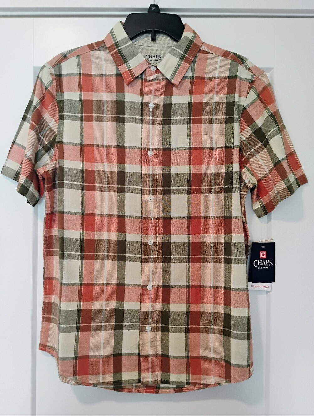 NWT M Chaps Ralph Lauren Seacoast Wash Orange And Olive Plaid Button Up SS Shirt